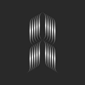 Letter A logo monogram minimal style initial with curls, metallic gradient ribbons from smooth thin parallel lines, ornate calligraphic mark.