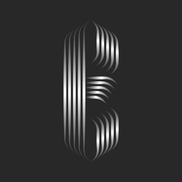 Monogram letter E Gothic logo line art style with curls, weaving metallic gradient stripes from smooth thin parallel lines, silver identity calligraphic initial.