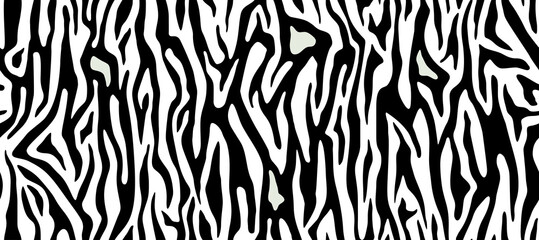 Zebra or tiger stripes, seamless texture. Animal skin pattern in black and white. Abstract zigzag wallpaper for apparel dress clothes fabric print. Vector background