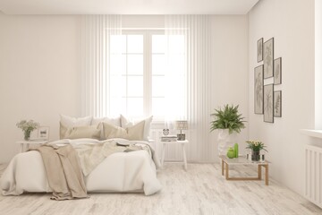 Soft color bedroom interior. Scandinavian design. 3D illustration