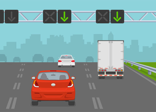 Driving a car. Traffic flow on a highway with lane control lights. Safe driving and traffic regulation rules. Flat vector illustration template.