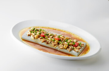Delicious Chinese food, steamed black tofu with snail meat