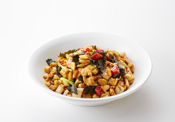 Delicious Chinese food, fried pickled cucumber with basil