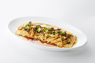 Delicious Chinese food, steamed yuba with hot and sour clams