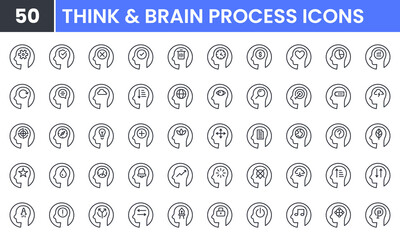 Thinking Head and Brain Human Process vector line icon set. Contains linear outline icons like Mental Health, Creative Process, Mind, Psychology, Knowledge, Idea, Question.Editable use and stroke.