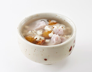 Delicious Chinese dessert, barley, taro, chestnut syrup.on white background