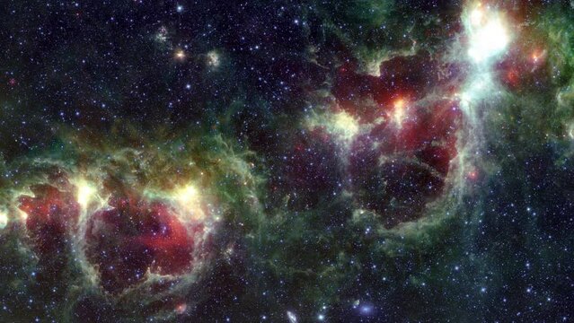 4K 3D Seamless loop Space flight exploration   travel to the Heart and Soul nebulae in the constellation Cassiopeia. Space Flight to Galaxy Outer Space with plasma cloud, star field, dust and gas rota