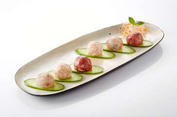 Delicious Chinese food, raw beef meatballs and shrimp meatballs