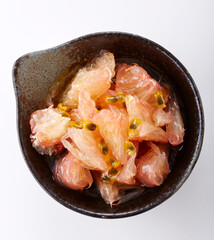 Delicious Chinese food, grapefruit salad with passion fruit juice