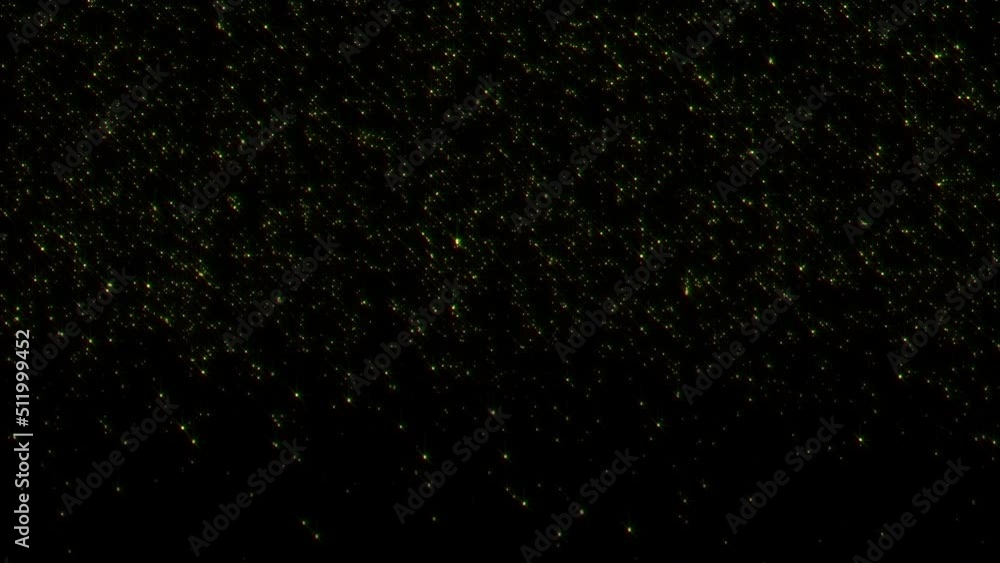 Poster loop beautiful glow yellow particles flicker fire falling down on black background. 4k 3d animation 