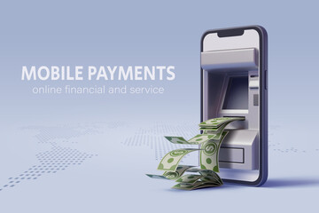 Vector illustration of Smartphone 3d with money icon, Online shopping, wallet, finance, e commerce concept.