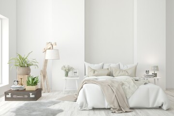 Fototapeta White bedroom interior. Scandinavian design. 3D illustration obraz