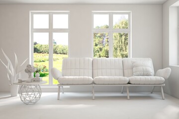 Mock up of stylish room in white color with sofa and green landscape in window. Scandinavian interior design. 3D illustration