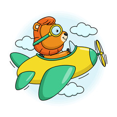 Cartoon illustration of cute lion flying on a plane