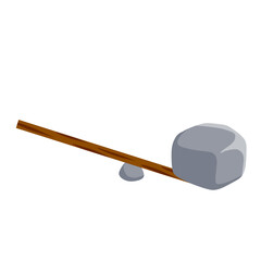 Lever of stick with stone. Lifting heavy cobblestone. Moving the boulder. Balancing and leverage. Flat cartoon