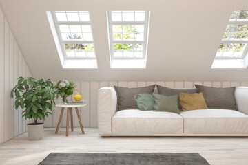 Modern living room in white color with sofa. Scandinavian interior design. 3D illustration