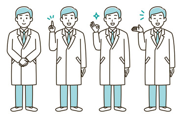 白衣を着た男性の表情バリエーションのイラストセット（水色バージョン）