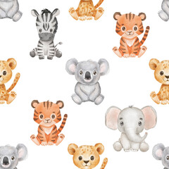 Seamless pattern with cute animals in cartoon style. Drawing african baby koala and elephant isolated on white background. Watercolor sweet tiger for kids. Jungle animal