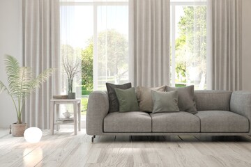 White living room with sofa and summer landscape in window. Scandinavian interior design. 3D illustration