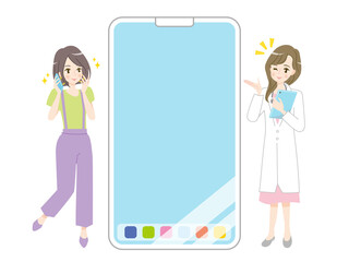 スマホで相談する若い女性と相談に応える医師