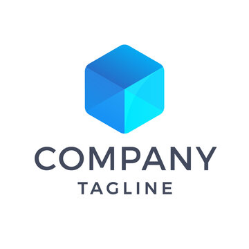 Abstract modern 3d blue transparent glass box logo design