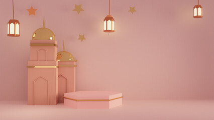 Pink rose Islamic decoration background ornaments design with 3d mosque with golden dome and minaret hanging lantern lamp product or greetings display podium star hanging 3d rendering image