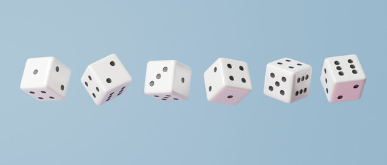 Composition template fortune game concept. white dice sort set one two three four five six floating on sky blue pastel background. cartoon minimal. 3d render illustration - obrazy, fototapety, plakaty
