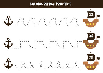 Tracing lines for kids. Pirate ship and anchor. Writing practice.