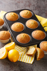 Freshly baked muffins with poppy seeds and lemon close-up in a baking dish on the table. vertical