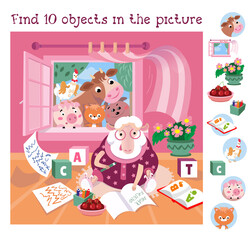 Find 10 hidden objects. Educational game for children. Cute sheep in glasses writes letter. Farm animals look into room. Color vector illustration in cartoon style. 