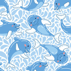 Childish Cute Dolphins Vector Seamless Pattern