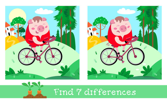 Find 7 differences. Game for children. Laughing cute pig on bike. Activity, vector illustration. 