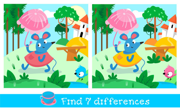 Find 7 differences. Game for children. Activity, vector illustration. Cute mouse in dress under umbrella.