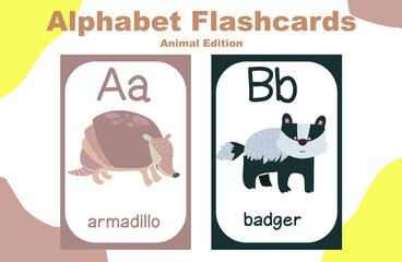 Animal alphabet flashcard. Educational printable flashcard. Vector illustrations.