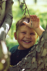 Portrait of a child boy in green clothes near a tree