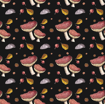 Mushrooms Autumn Seamless Watercolor Illustration with Stones, Berries and Leaves on Black Background. Suitable for Wrapping paper, Fabric, background, cover, wallpaper  and Design.