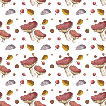 Seamless Autumn Background with Mushrooms and Stones, Berries and Leaves on Black Background. Illustration Suitable for Wrapping paper, Fabric, background, cover, wallpaper and Design.