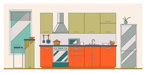 Vector flat illustration, modern kitchen interior. Furniture, kitchenware and utensil. Food preparation equipment, appliances