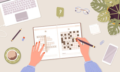 Crossword puzzle. Learning and leisure concept. Woman solves rebus. Top view workplace. Task for development of logical thinking and training brain. Vector illustration in flat cartoon style. - obrazy, fototapety, plakaty