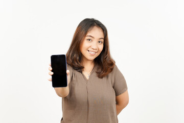 Fototapeta premium Showing Apps or Ads On Blank Screen Smartphone of Beautiful Asian Woman Isolated On White Background