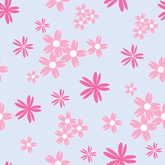 Vector blue background white pink cherry tree flowers and cherry blossom sakura flowers. Seamless pattern background