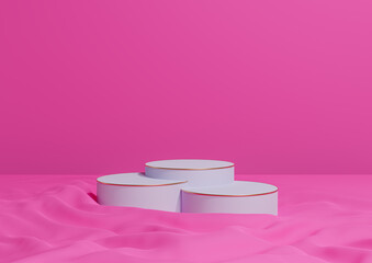 Bright magenta, neon pink 3D rendering minimal product display three luxury cylinder podiums or stands, on wavy textile product photography background abstract composition with golden lines cosmetic
