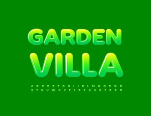 Vector green Emblem Garden Villa.  Modern Glossy Font. Creative Alphabet Letters and Numbers