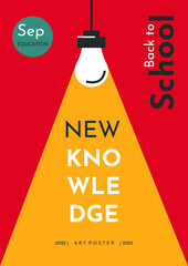 Educational concept poster.An light bulb illuminates the text. Simple flat background. Vertical poster.