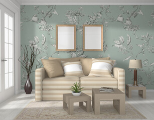 mock up 2 frames on the wall in modern living room, 3D rendering, 3D illustration