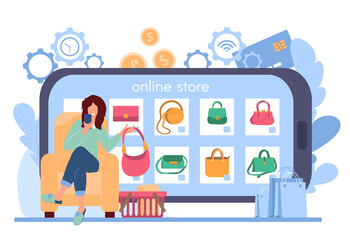 Girl buys bag in an online store. Woman sits in a chair in front of large smartphone and holds a bag in her hand. Online shopping via smartphone application, mobile payment. Vector illustration
