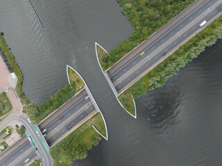 Aqueduct Veluwemeer near Harderwijk transport asphalt motorway road for traffic crossing underneath...
