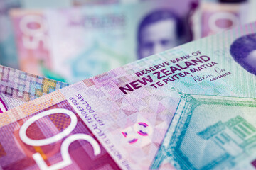 Close-up view of New Zealand banknotes.