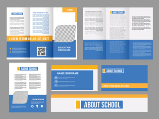 School tri fold brochure. Collection of folded brochures, annual report, business card. For printing, A4 magazine cover