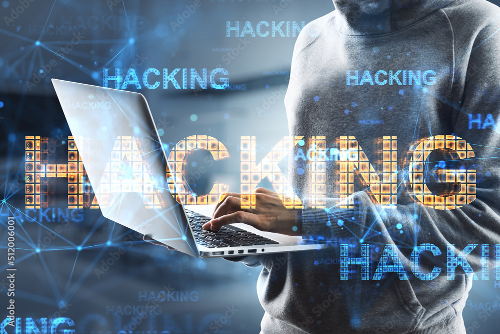 Poster Close up of hacker hands using laptop with abstract glowing hacking hologram on blurry office interior background. Hacked device, malware and phishing concept. Double exposure.